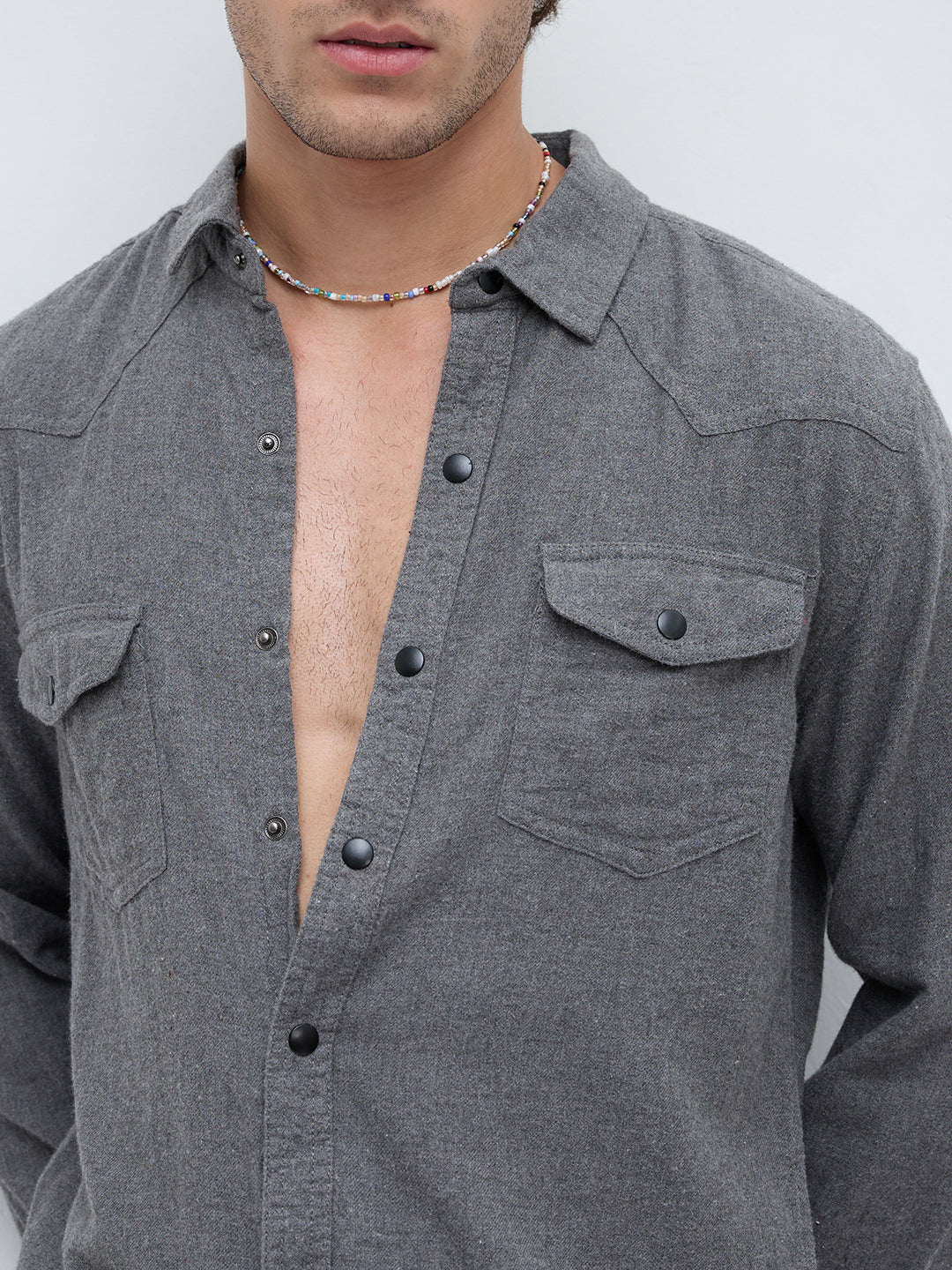 Solid Intense Grey Flannel Double Flap Pocket Shirt