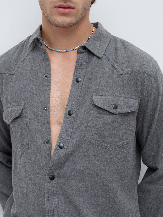 Solid Intense Grey Flannel Double Flap Pocket Shirt