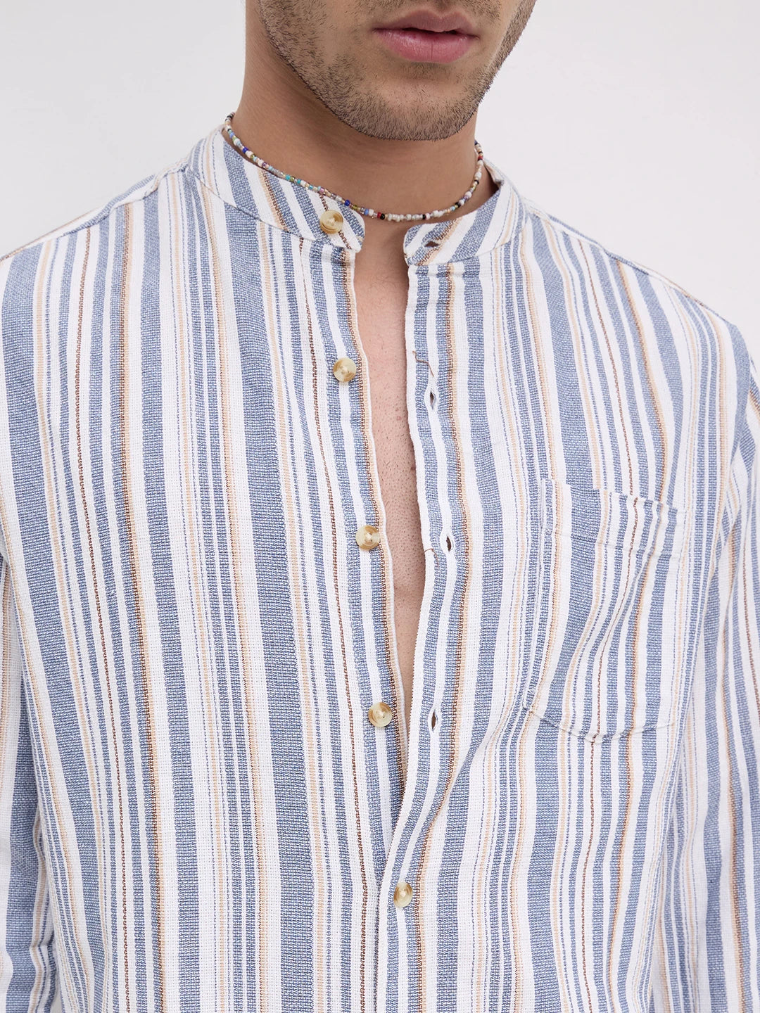 Blue & White Vertical Stripes Mandarin Shirt