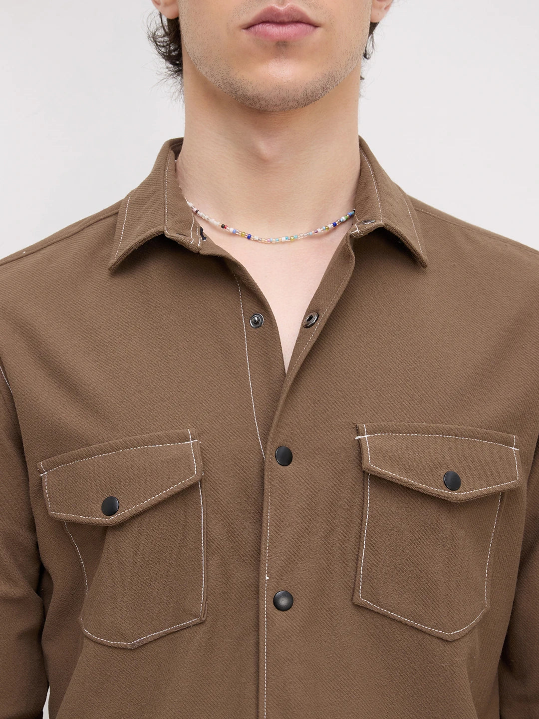 Walnut Brown Twin Pocket Knitted Overshirt