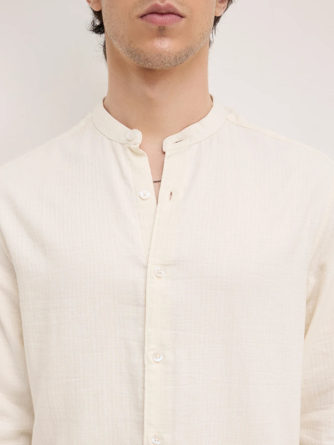Off White Herringbone Textured Mandarin Shirt