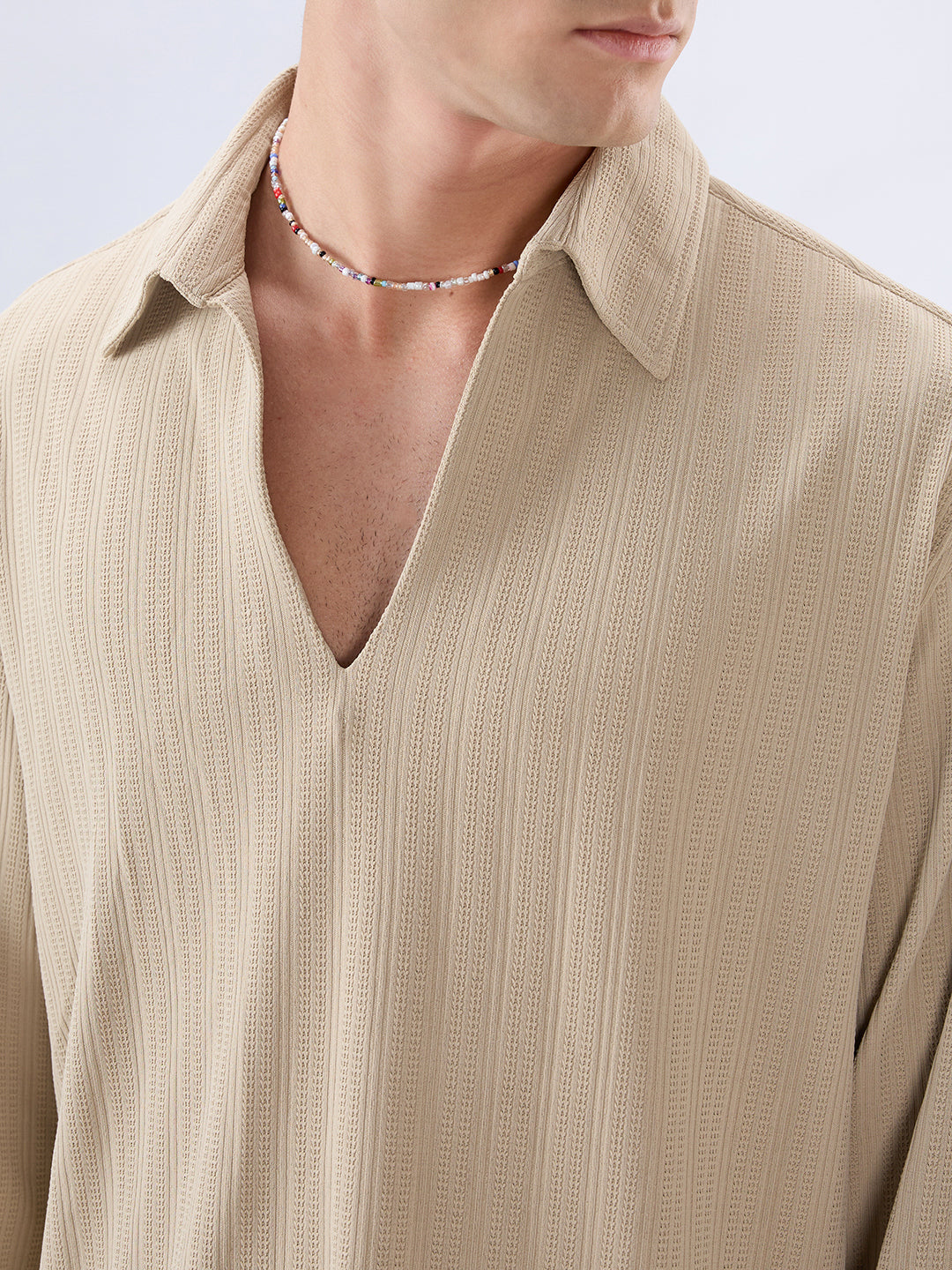 Sand Dune Ribbed Textured Polo Oversized Knitted Shirt