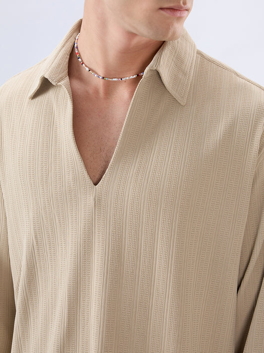 Sand Dune Ribbed Textured Polo Oversized Knitted Shirt