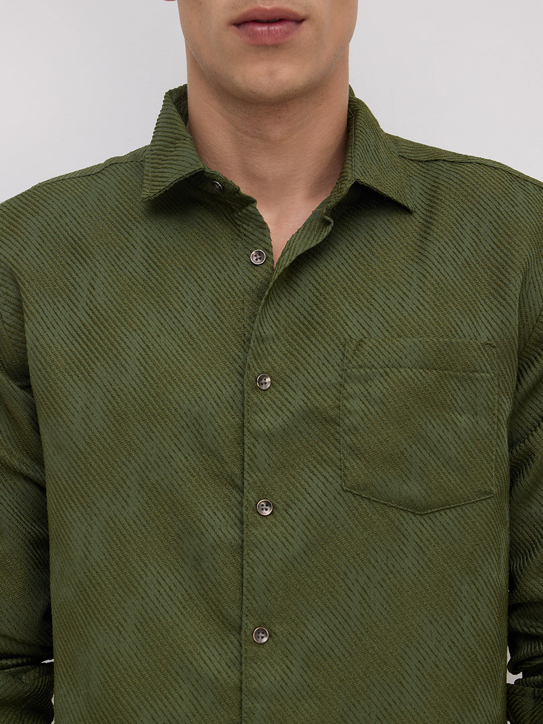 Olive Asymmetric Stripe Textured Shirt