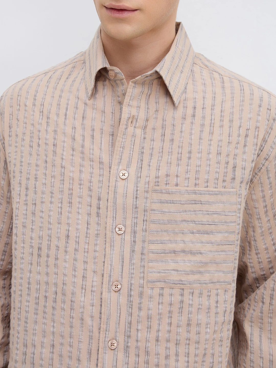 Taupe Beige Fine Striped Boxy Fit Crop Shirt