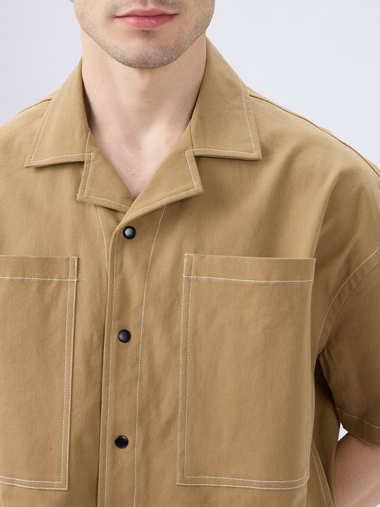 Khaki Contrast Stitch Twin Pocket Oversized Crop Shirt