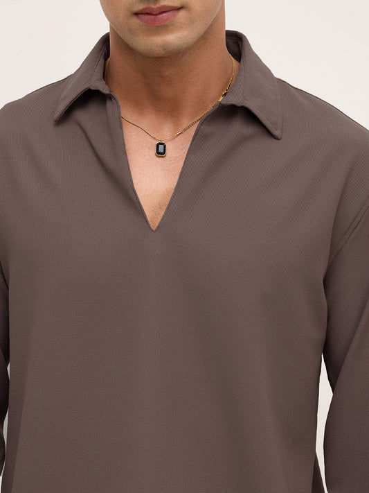 Saddle Brown Oversized Polo Tencel Knit Shirt