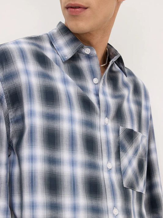 Opulent Slate Blue Plaid Checks Cuffless Boxy Fit Crop Shirt