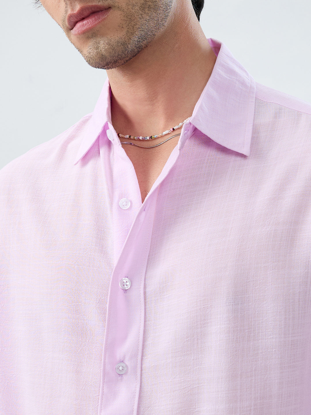 Pink Pearl Slub Textured Boxy Fit Crop Shirt