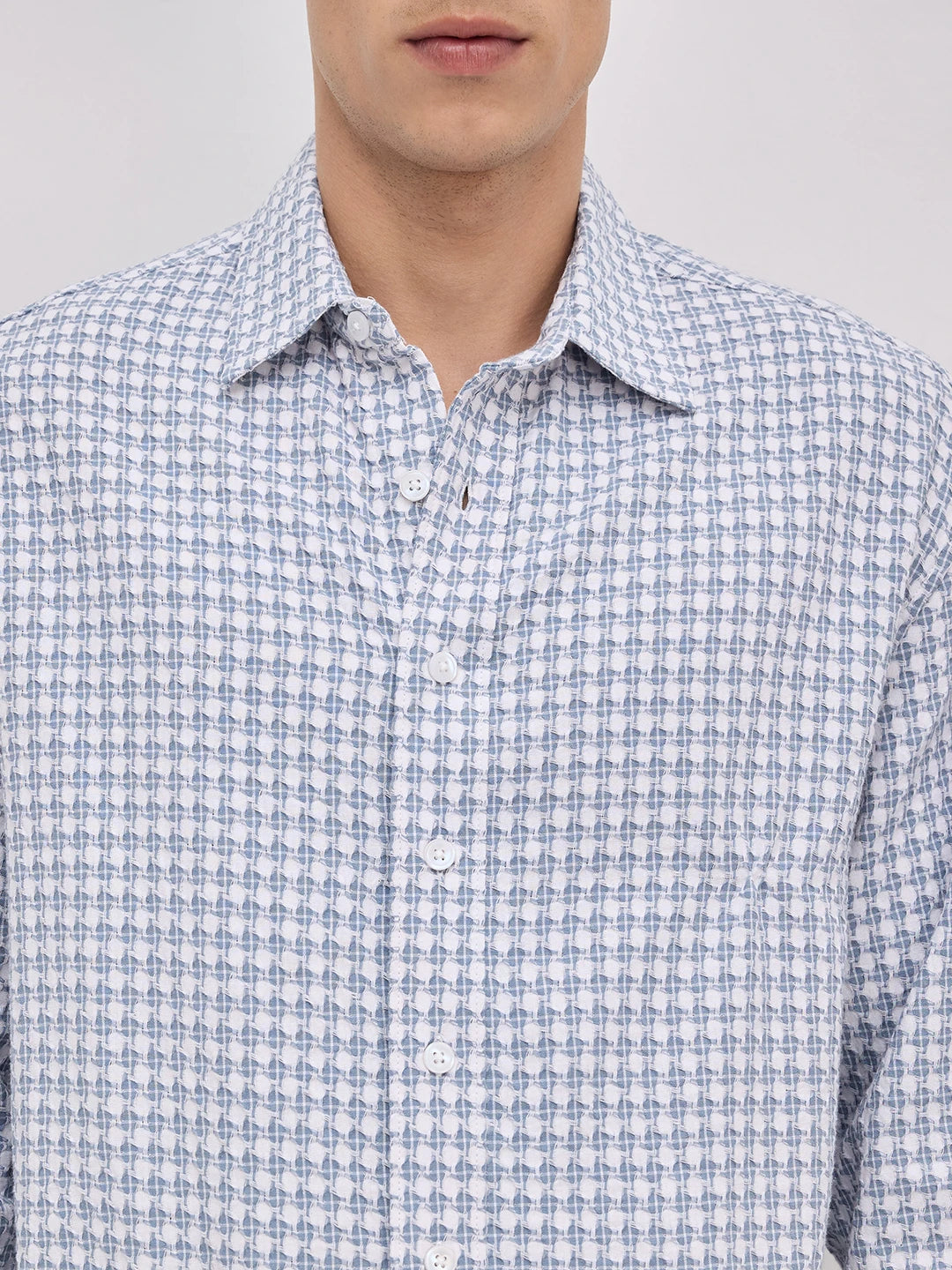 Slate Blue Mosaic Textured Boxy Fit Crop Shirt