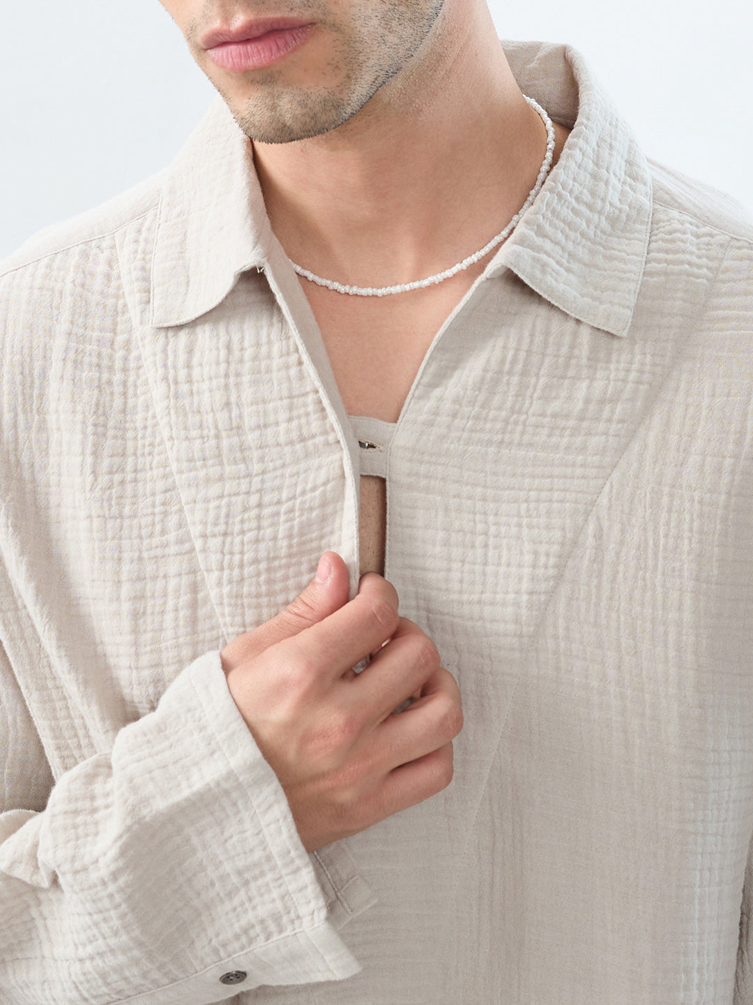 Cloud Grey Cuffless Double Cloth Oversized Shirt