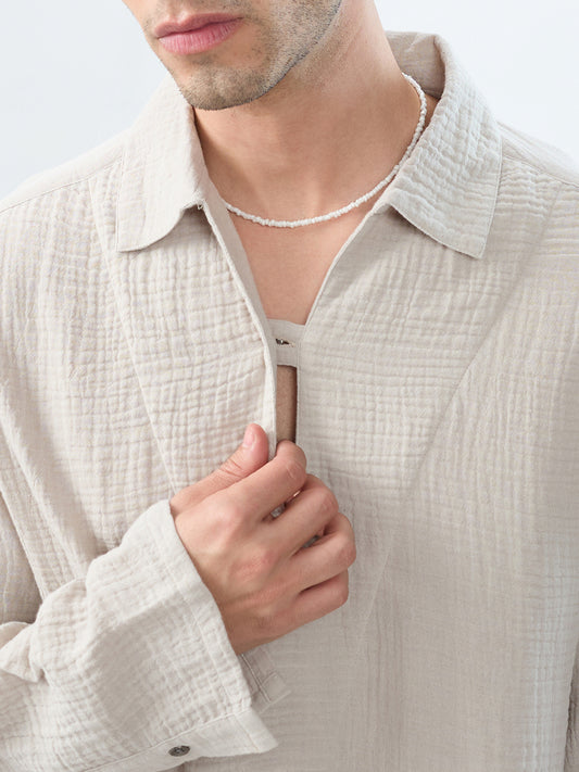 Cloud Grey Cuffless Double Cloth Oversized Shirt