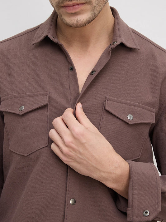 Dusty Brown Twin Flap Pocket Knitted Overshirt