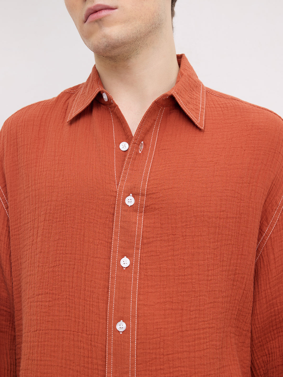 Rust Contrast Stitch Double Cloth Boxy Fit Crop Shirt