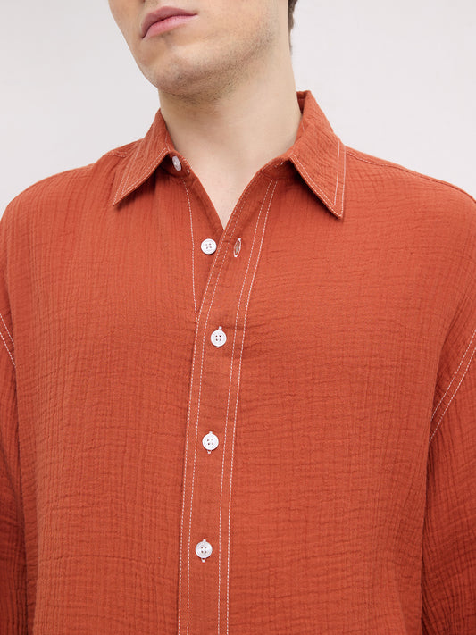 Rust Contrast Stitch Double Cloth Boxy Fit Crop Shirt