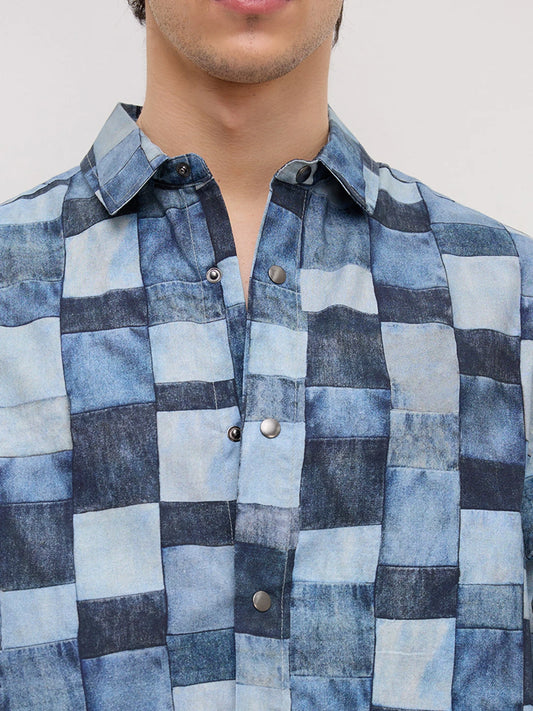 Ocean Blue Abstract Printed Cuffless Oversized Shirt