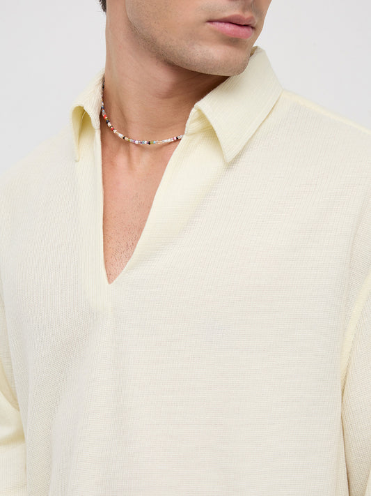 Butter Yellow Micro Weave Knitted Oversized Polo Shirt