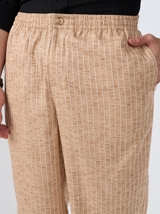 Beige Pinstripe Wide-Leg Trousers