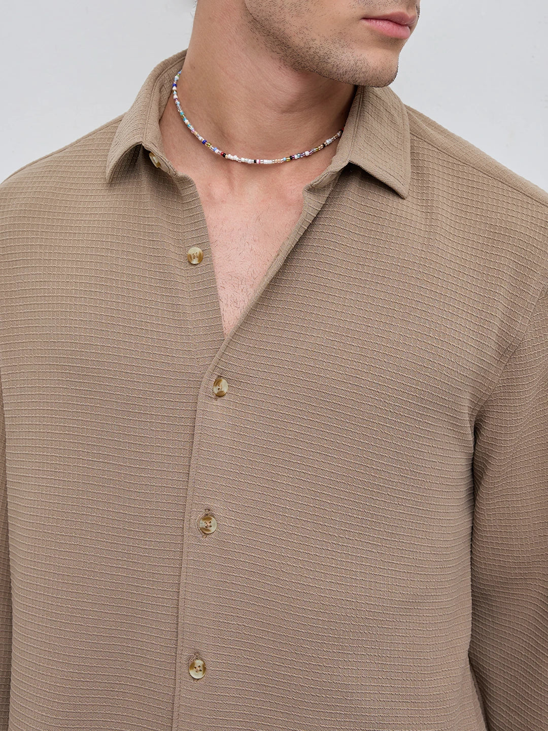 Refined Khaki Gingham Checks Knitted Shirt