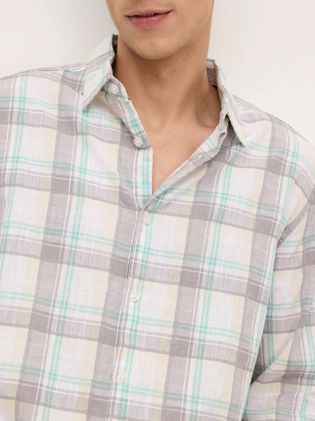 Premium Pastel Green & Grey Plaid Checks Textured Shirt