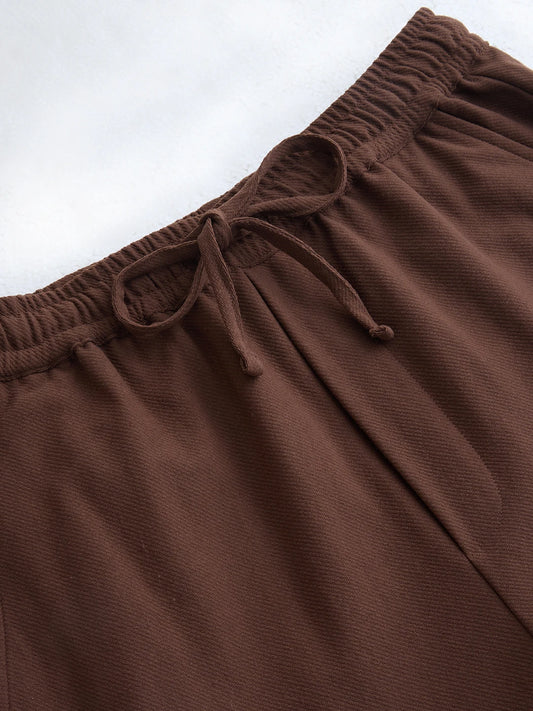Chocolate Brown Diagonal Textured Knitted Straight Leg Trousers