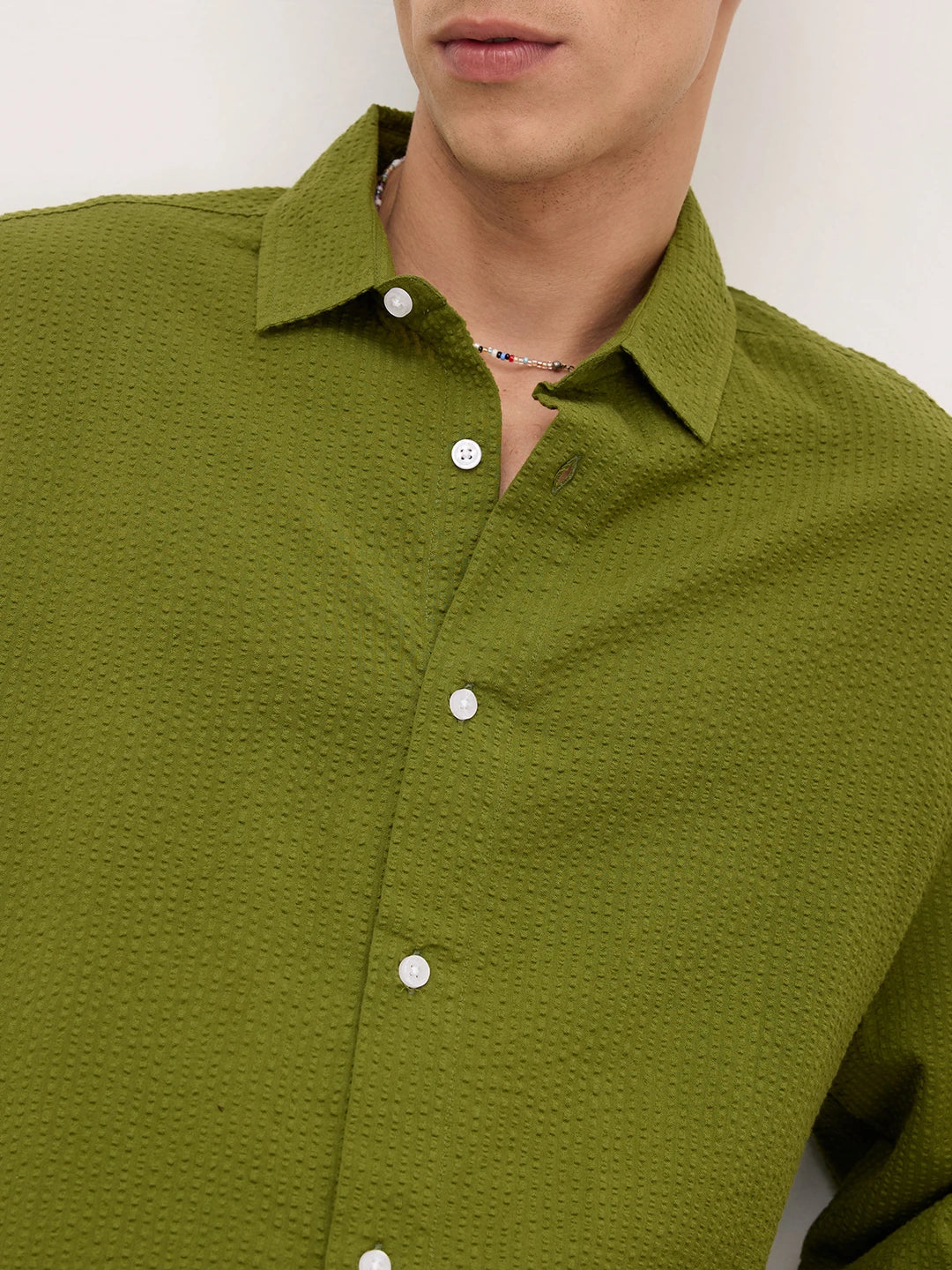 Forest Green Seersucker Cuffless Oversized Shirt