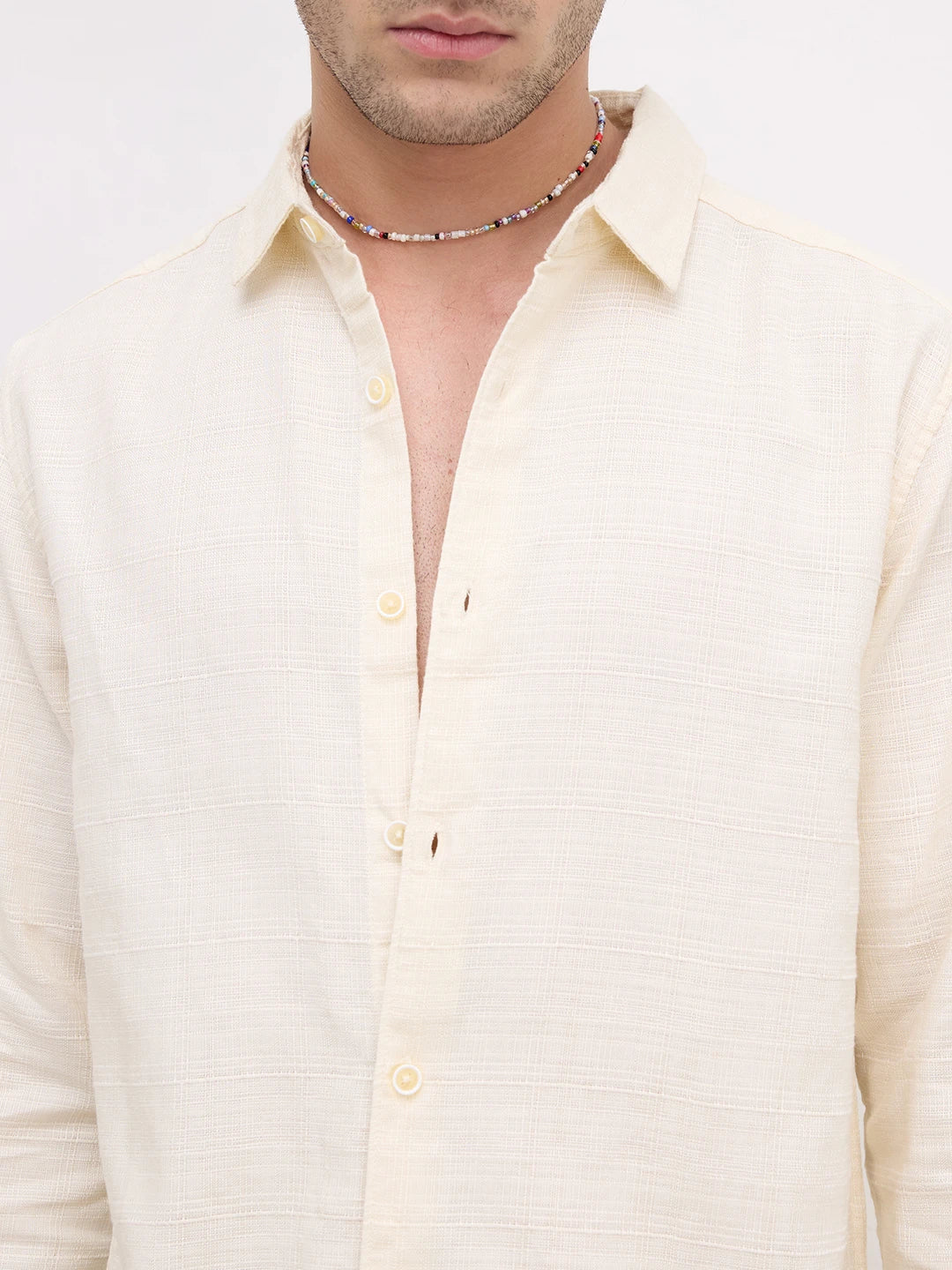 Pearl Cream Micro Grid Weave Textured Shirt