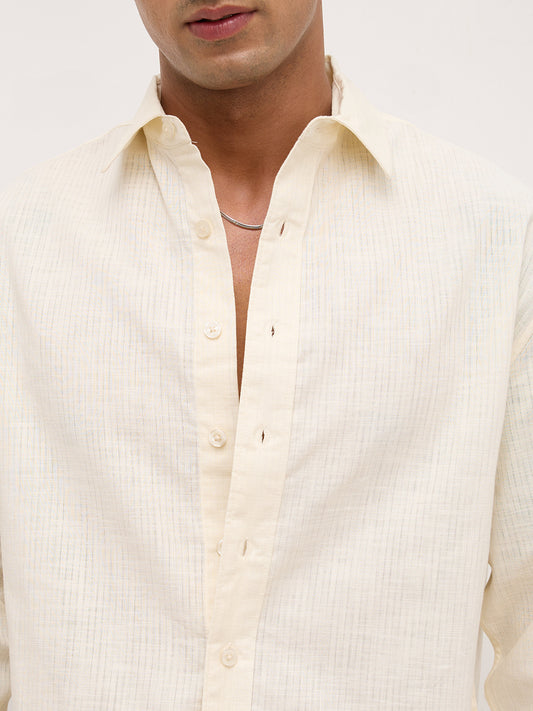 Ivory Sheer Slub Textured Boxy Fit Crop Shirt