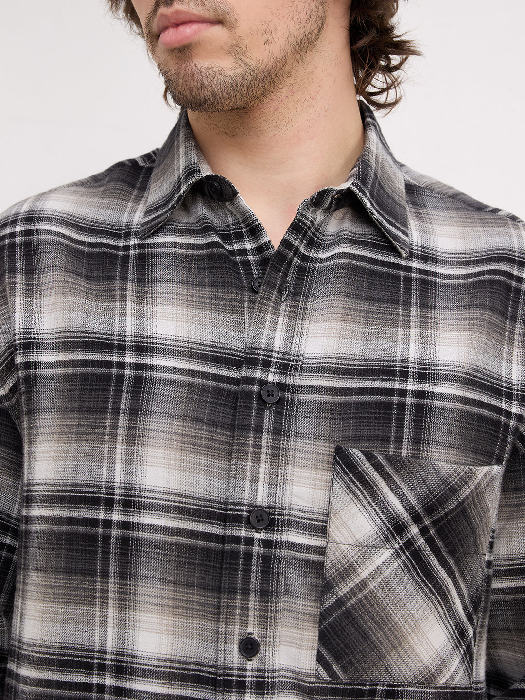 Rich Monochrome Winter Plaid Checks Flannel Boxy Fit Crop Shirt