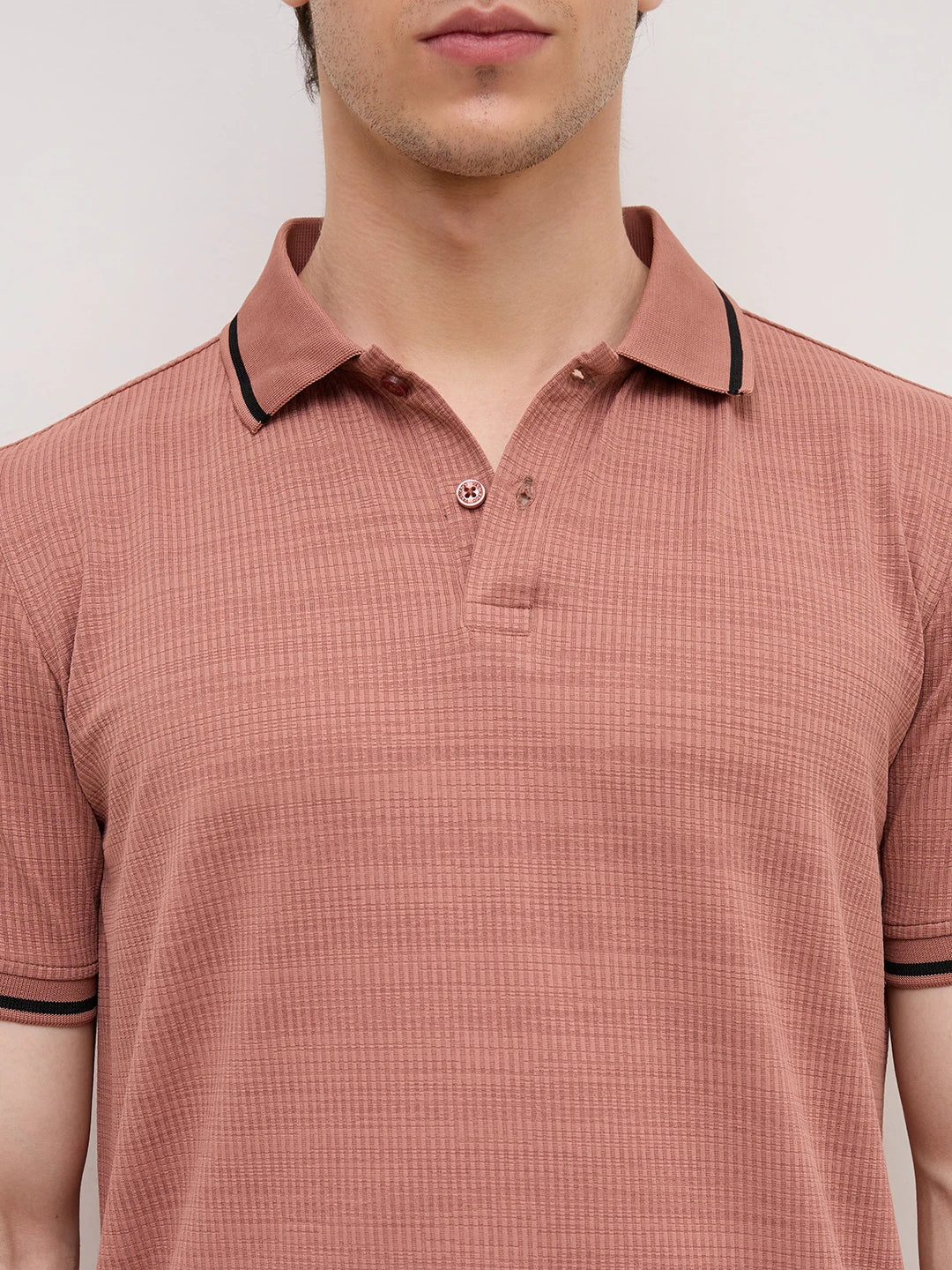 Coral Peach Grid Textured Contrast Polo Knit T-Shirt