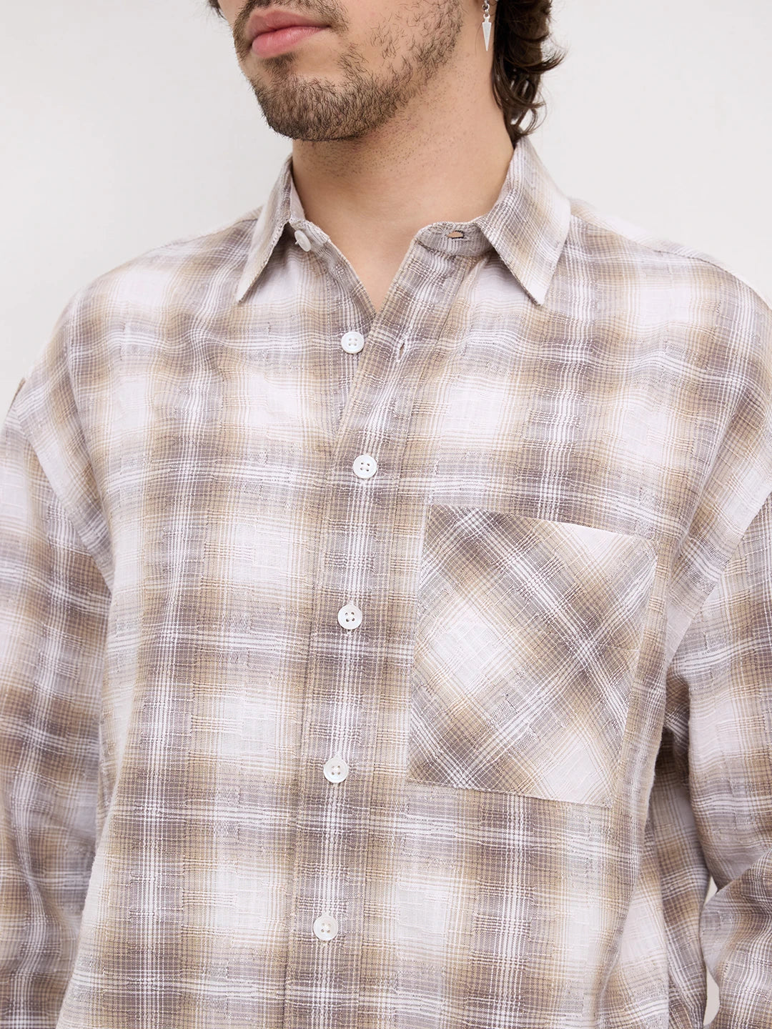Luxe Dessert Beige Interwoven Windowpane Checks Boxy Fit Crop Shirt