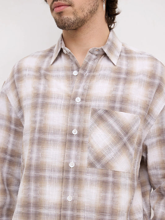 Luxe Dessert Beige Interwoven Windowpane Checks Boxy Fit Crop Shirt