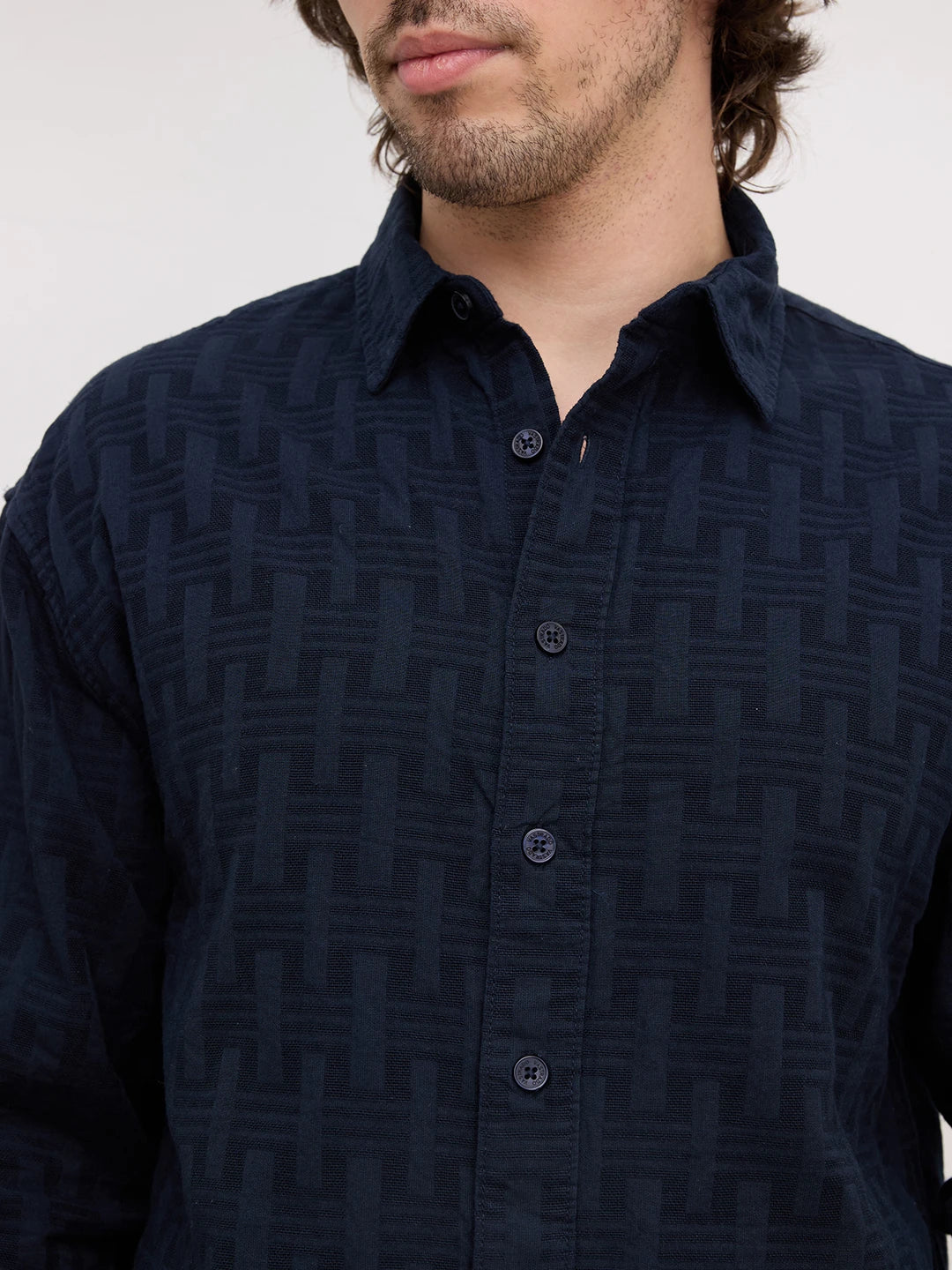 Distinguished Navy Architectural Weave Boxy Fit Crop Shirt