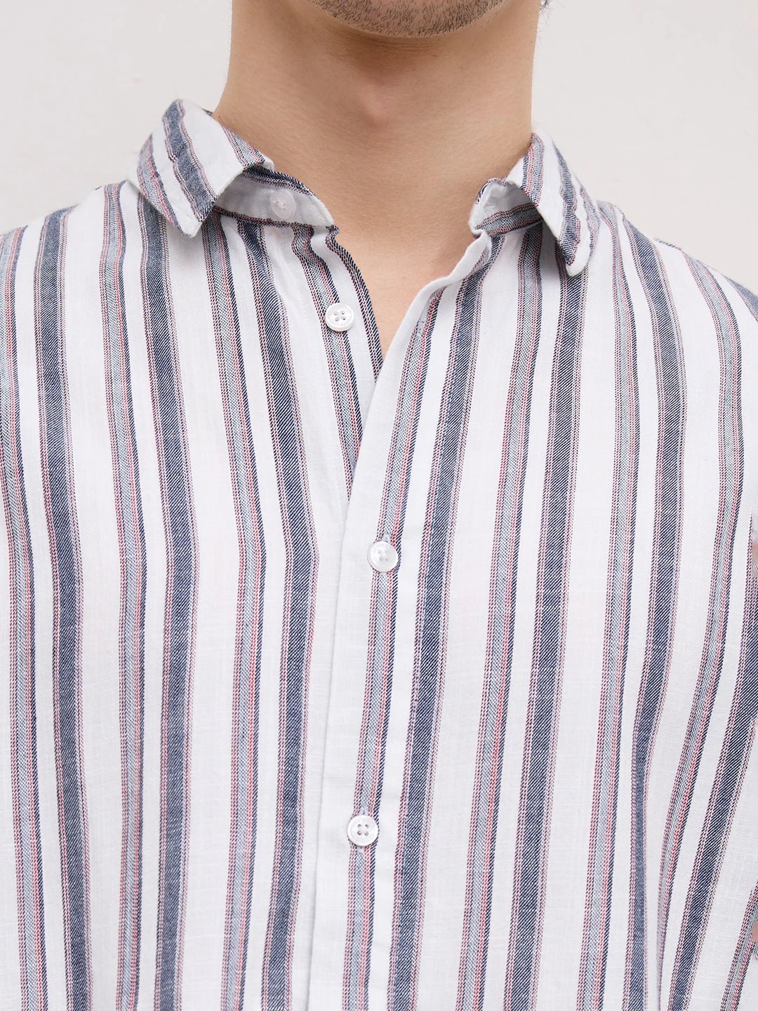 White & Navy Multistriped Cuffless Oversized Shirt