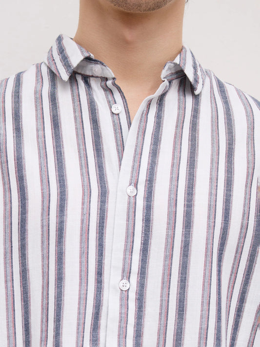 White & Navy Multistriped Cuffless Oversized Shirt
