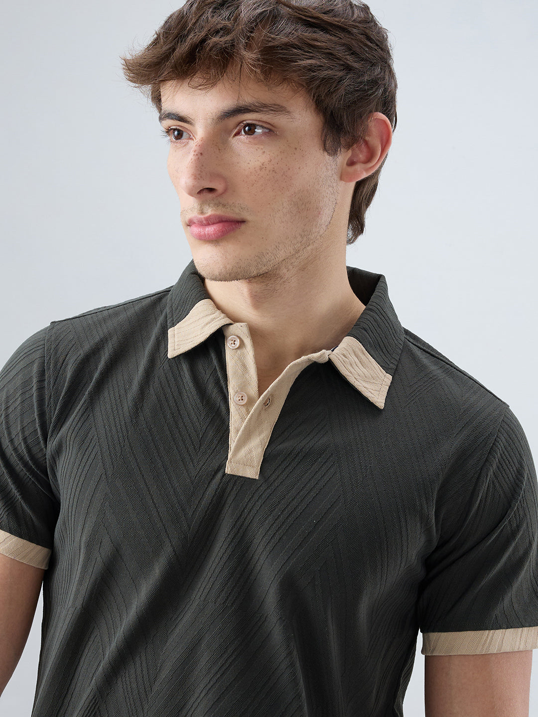 Deep Olive Contrast Polo Neck T-shirt