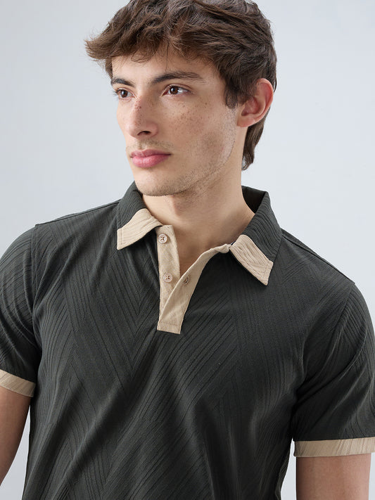 Deep Olive Contrast Polo Neck T-shirt