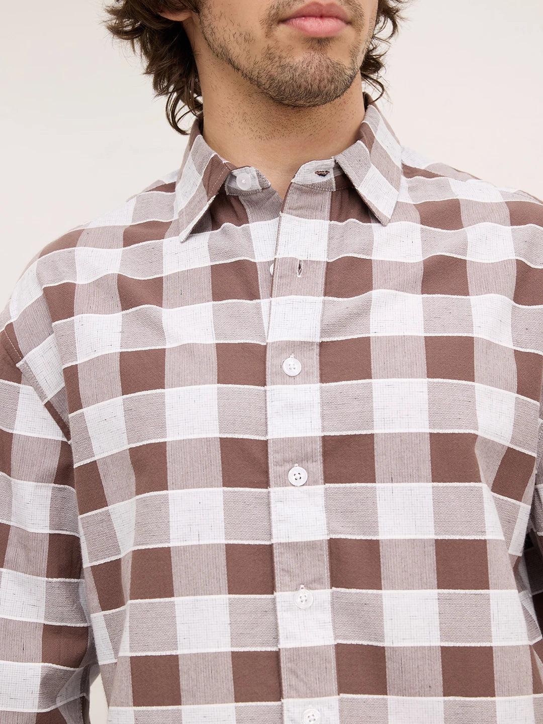 Chocolate Brown & White Ghingham Checks Boxy Fit Crop Shirt