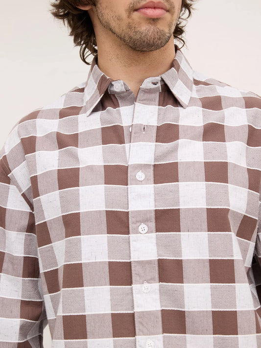 Chocolate Brown & White Ghingham Checks Boxy Fit Crop Shirt