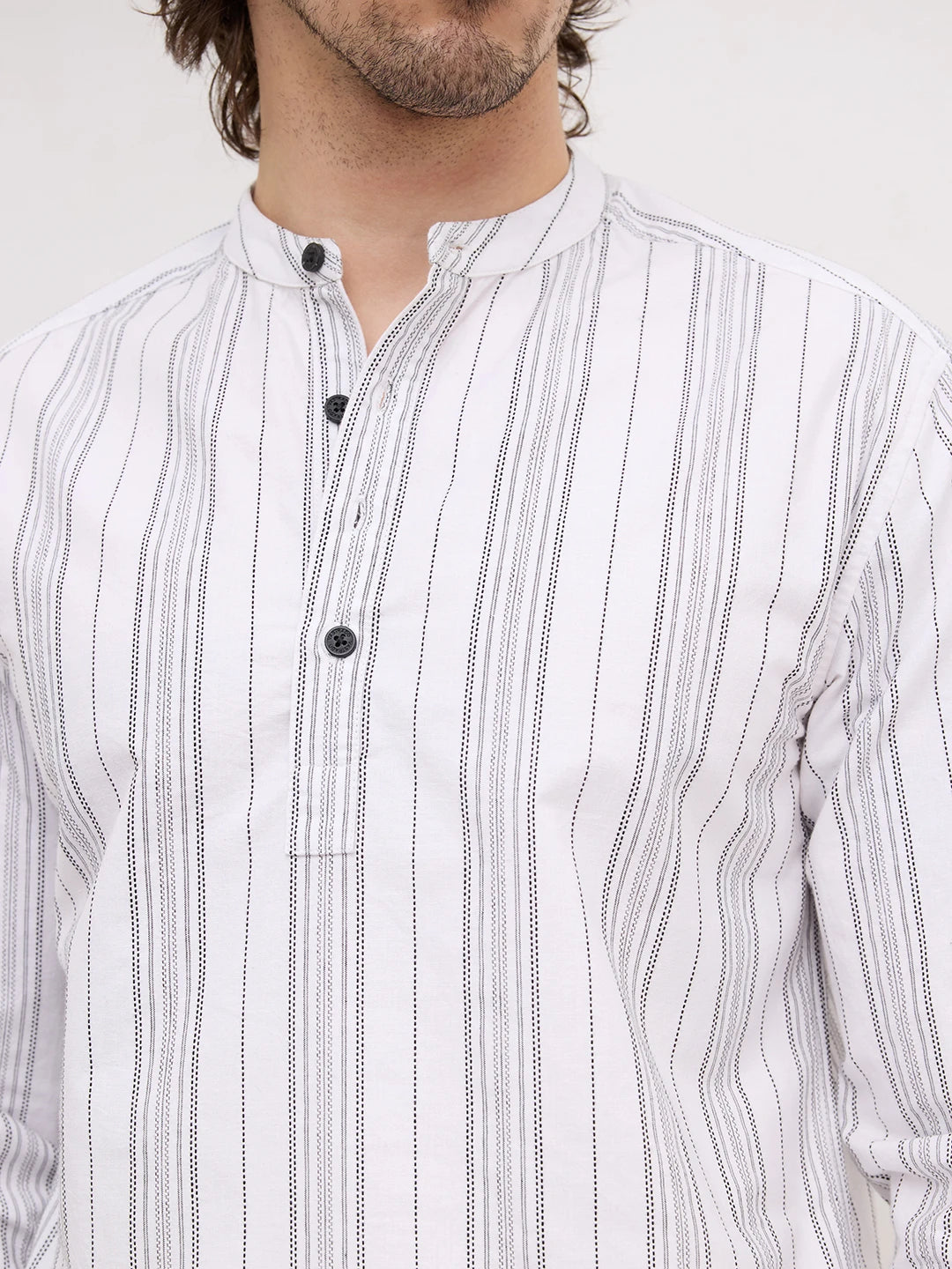 Monochrome Fine Threadwork Striped Kurta
