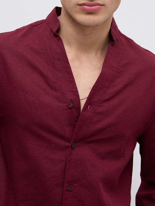Deep Maroon Linen Blend Stand Collar Oversized Shirt