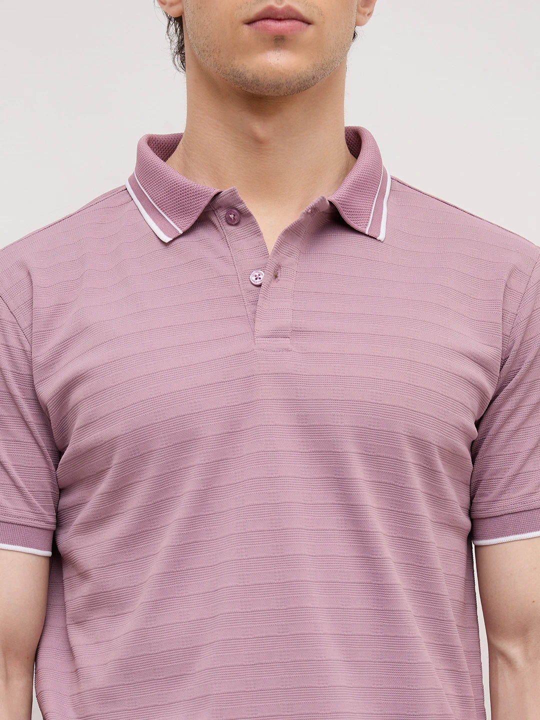 Dusty Lavender Textured Horizontal Stripe Polo Knit T-Shirt