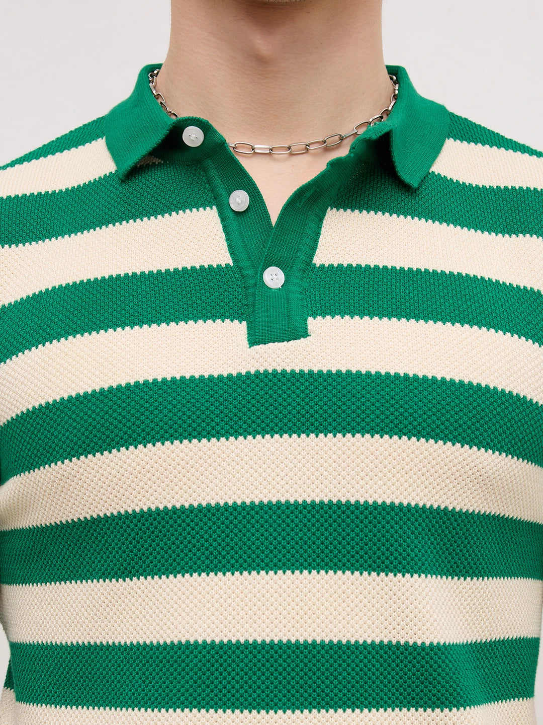 Emerald Green Coast Striped Flat Knit Polo T-Shirt