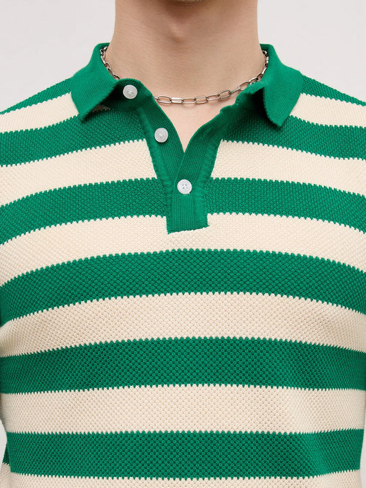 Emerald Green Coast Striped Flat Knit Polo T-Shirt
