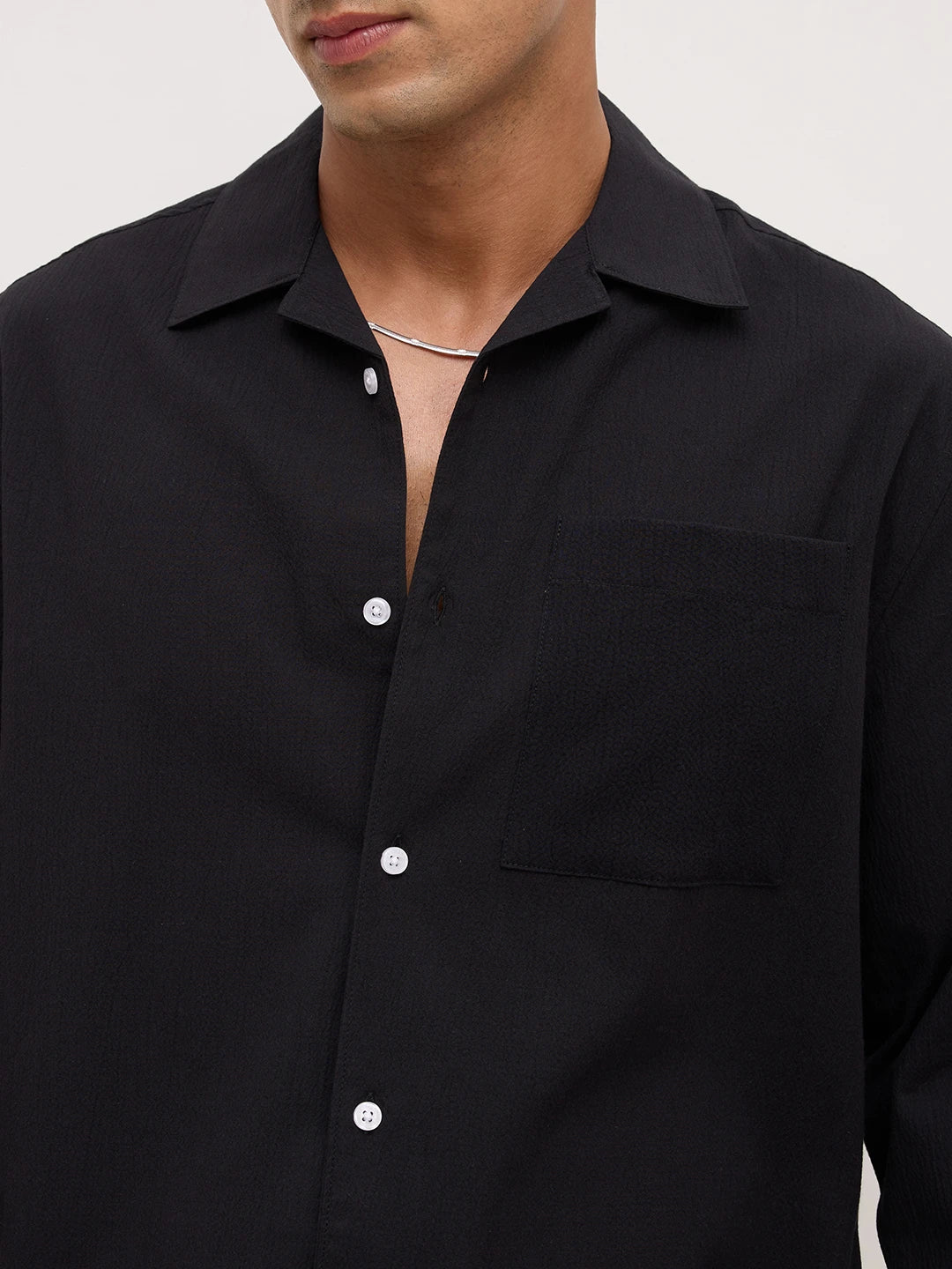 Luxe Black Fine Textured Notch Collar Oversized Shirt