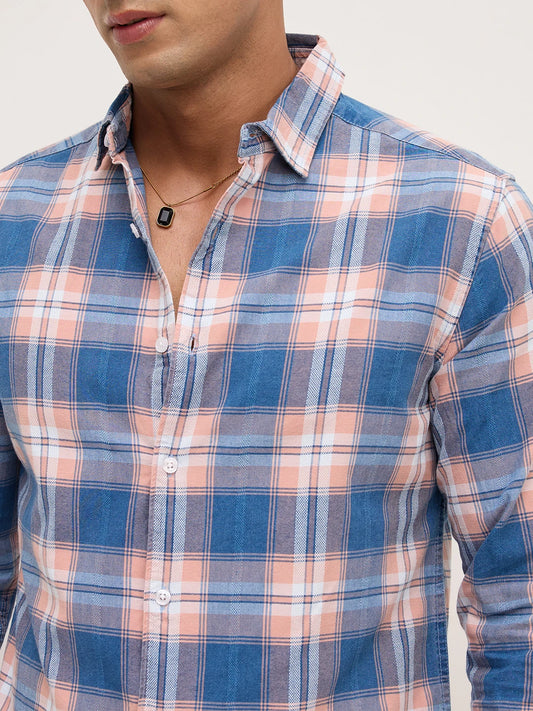 Premium Powder Blue Field Checks Denim Jacquard Shirt