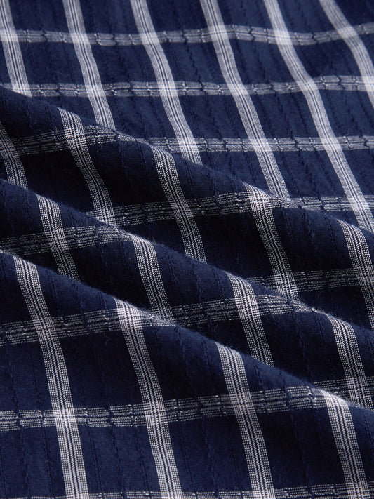 Elevated Navy Heathered Checks Boxy Fit Crop Shirt