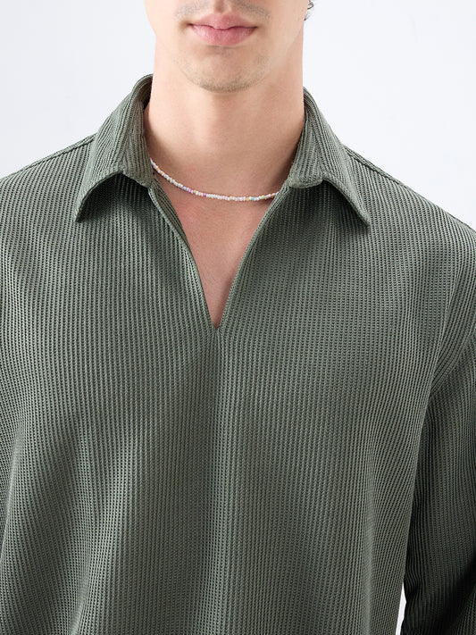 Refined Olive Textured Knitted  Oversized Polo Shirt