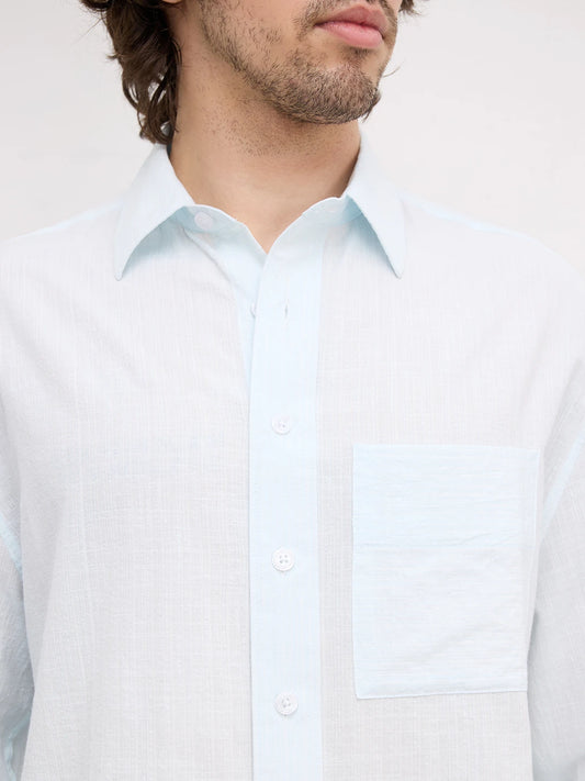 Ice Blue Fine Striped Textured Boxy Fit Crop Shirt