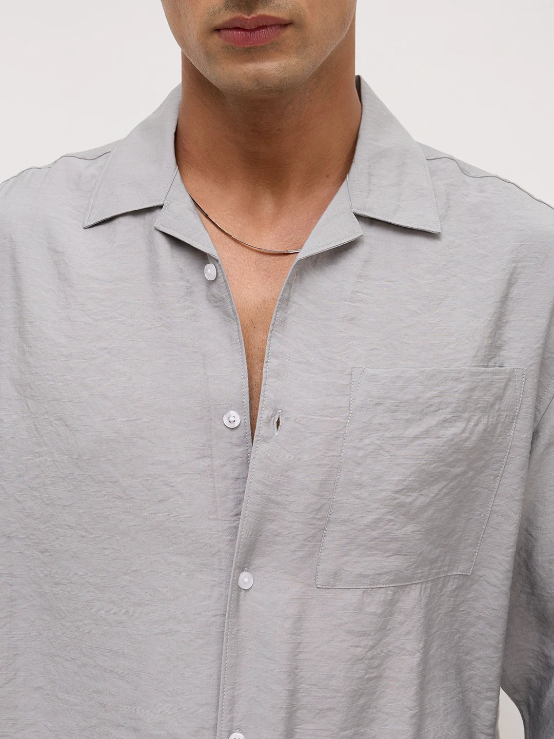 Refined Mist Grey Textured Oversized Notch Collar Shirt